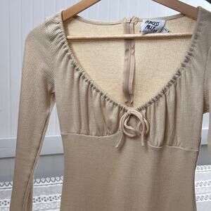 Princess Polly Cream Waffle Knit Mini Dress Long Sleeve Tie Front Bodycon